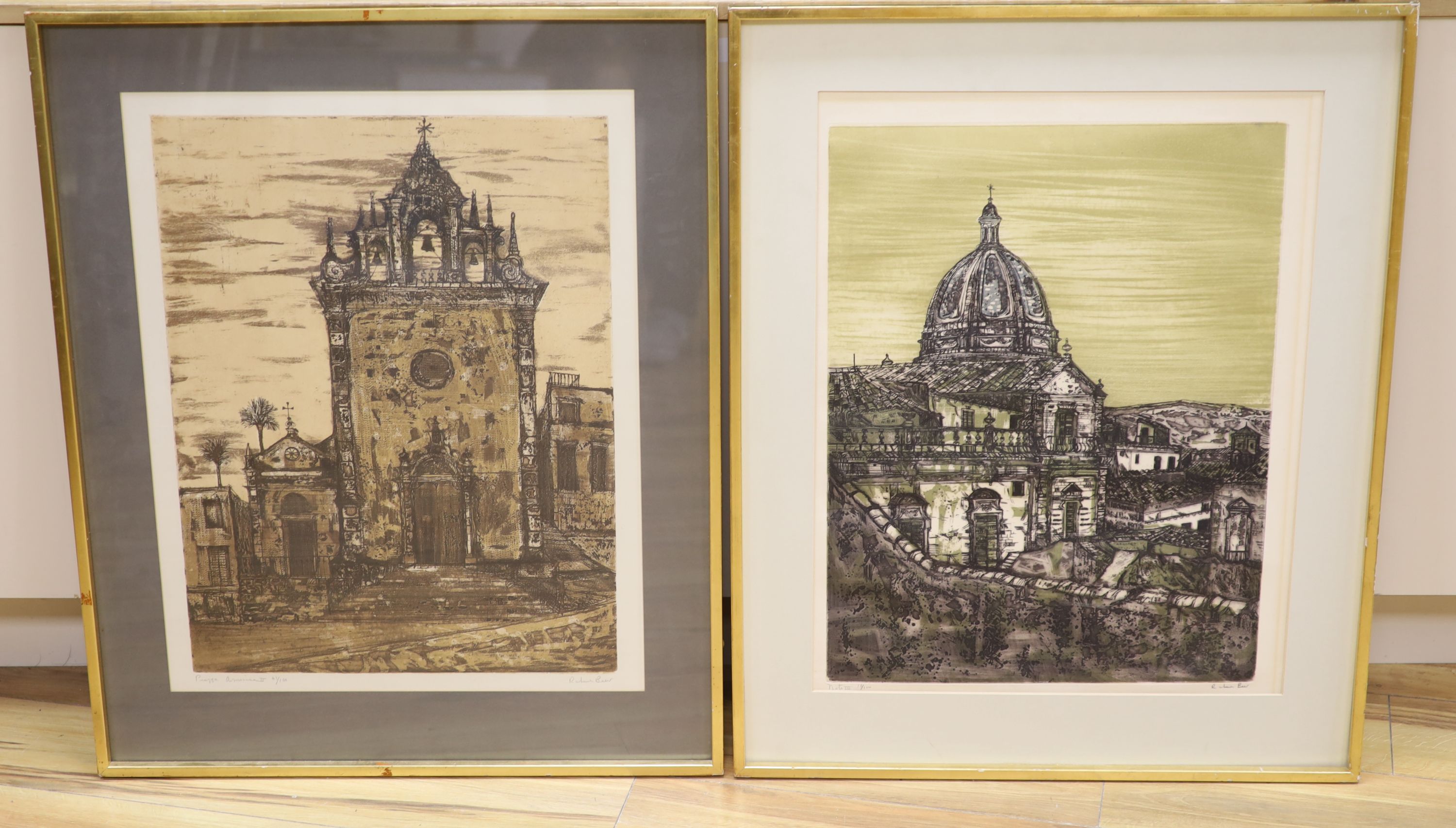 Richard Beer (1928-2017), two limited edition prints, Piazza Armernia, 47/100 and Noto III, 16/100, signed in pencil, 65 x 50cm